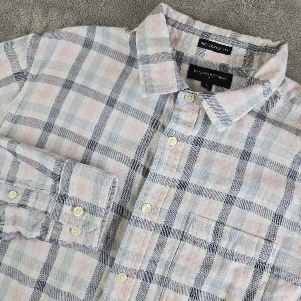 Banana Republic Shirt Mens Large White Plaid Untucked Fit Long Sleeve Preppy